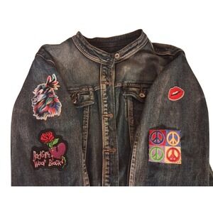 Live A Little Denim Jacket Womens L Blue Excellent Patch Wolf Peace Mandarin